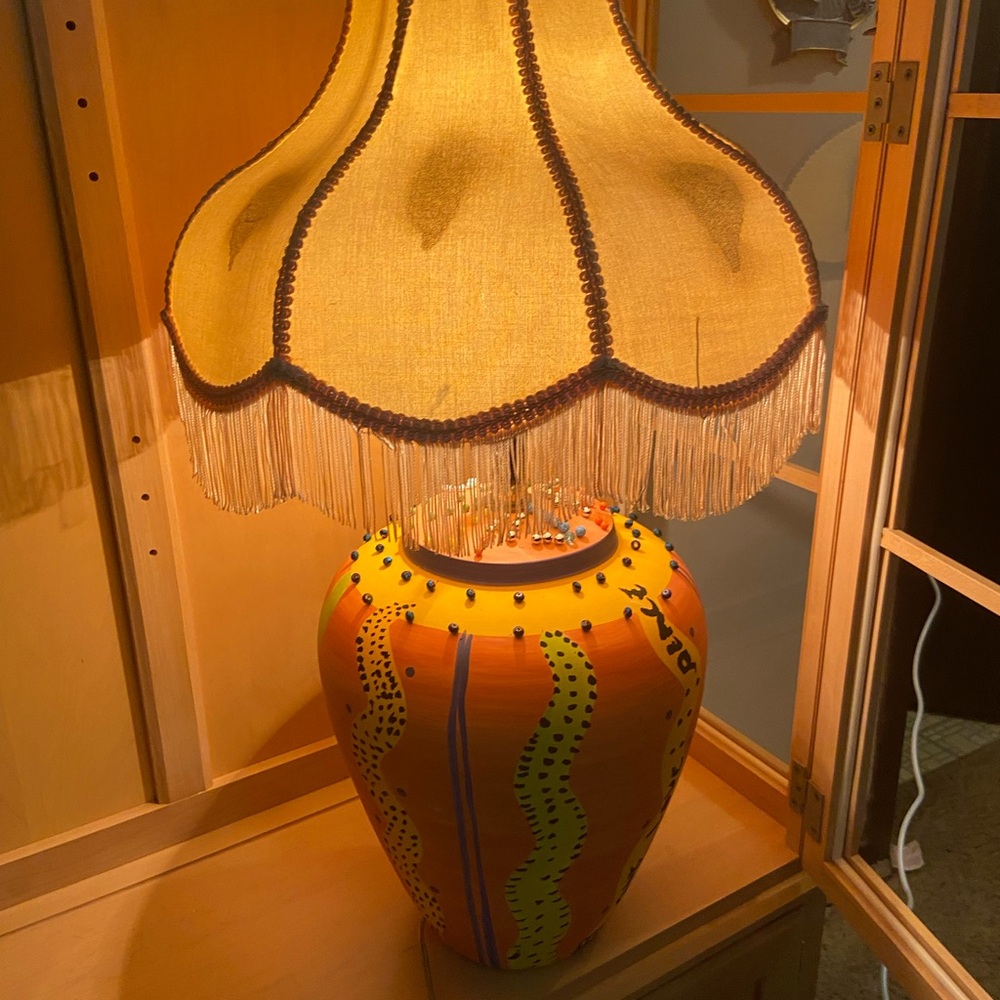 Vintage Orange Table Lamp with Fringe Shade